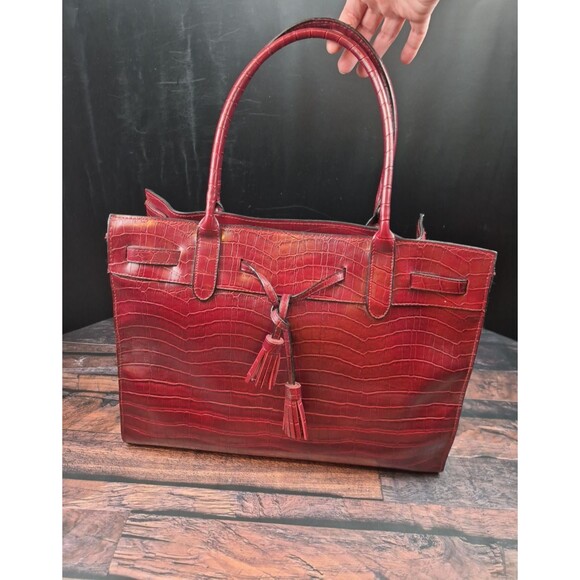 Bueno Burgundy Croc Embossed Faux Leather Large Weekender Tote Purse Attache VTG - Picture 3 of 16